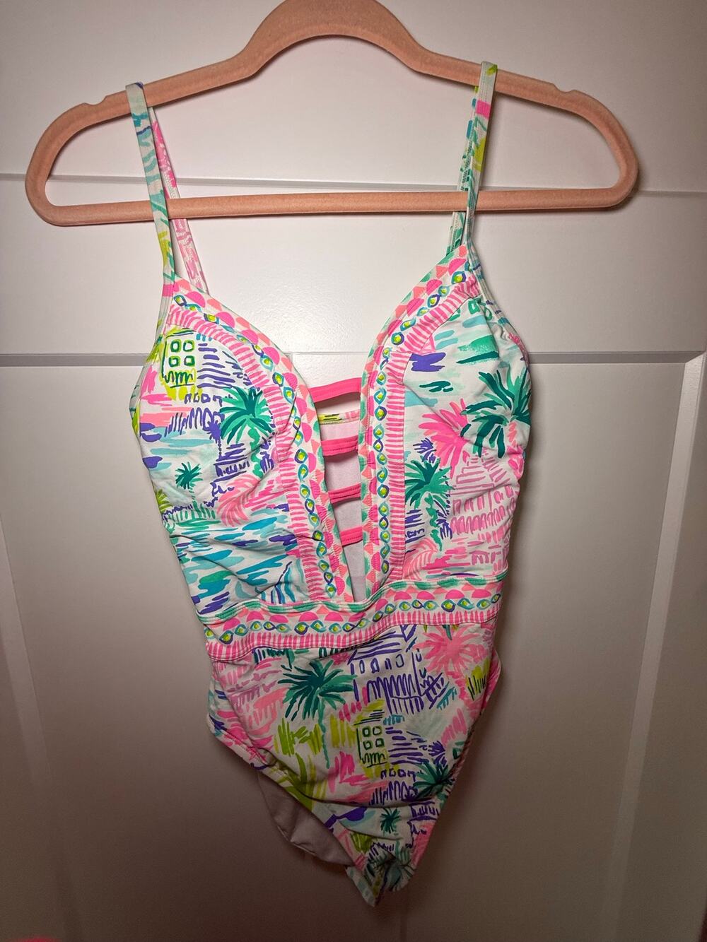 Lilly Pulitzer One Piece Swimsuit Size 4 Pink Green Tropical Plunge Strappy